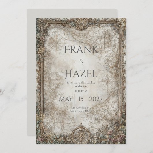 Antiker Kompass Bezaubernde Waldhochzeit Einladung (Vorne/Hinten)