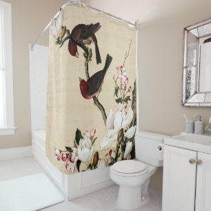Antiker Kunstdruck Weiße Magnolie und Vögel Duschvorhang