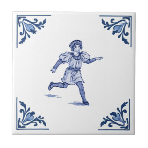 Antiker Laufender Junge Delft-Ecke Blau und Weiß Fliese