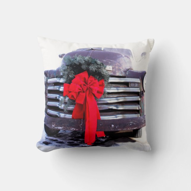 Antiker LKW mit festlicher Weihnachtsfeier Kissen (Vorderseite)