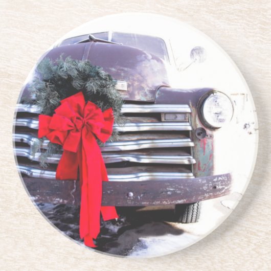 Antiker LKW mit festlicher Weihnachtsfeier Sandstein Untersetzer (Vorne)