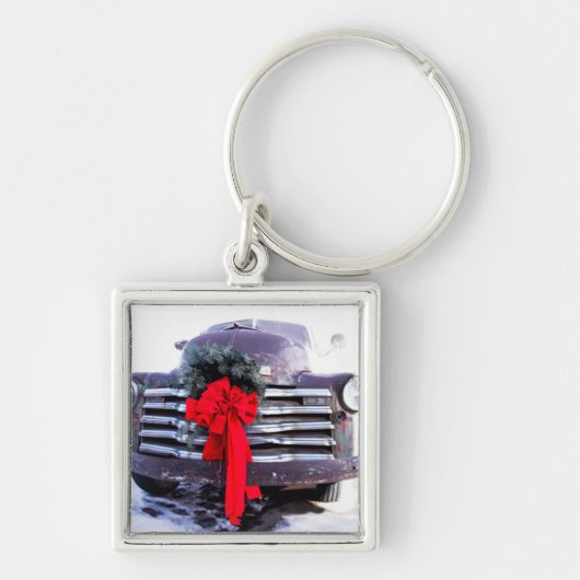 Antiker LKW mit festlicher Weihnachtsfeier Schlüsselanhänger (Vorne)