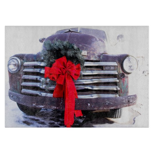 Antiker LKW mit festlicher Weihnachtsfeier Schneidebrett (Vorderseite)