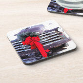 Antiker LKW mit festlicher Weihnachtsfeier Untersetzer (Linke Seite)