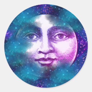 Antiker Mann im Mond Vollmond Gesicht Stern Wolken Runder Aufkleber