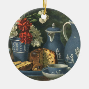 Antiker Nachmittagskoffer, Kuchen, Tee und Blumen Keramik Ornament