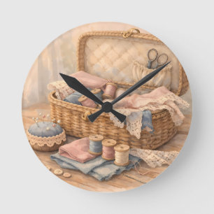 Antiker Nähkorb Landhausstil Pastell Runde Wanduhr