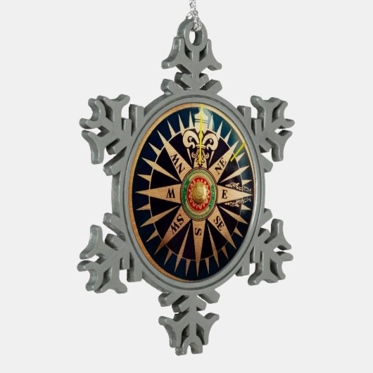 antiker nautischkompaß des Küstenstrandes Schneeflocken Zinn-Ornament (Links)