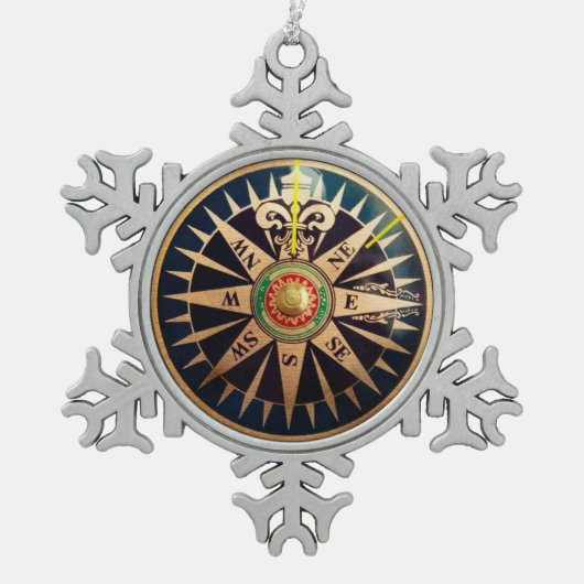antiker nautischkompaß des Küstenstrandes Schneeflocken Zinn-Ornament (Vorderseite)
