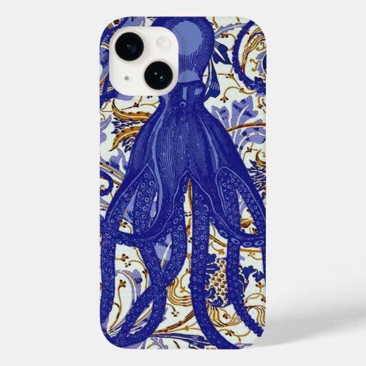 Antiker Oktopus auf blauer goldener Blume Case-Mate iPhone Hülle (Rückseite)