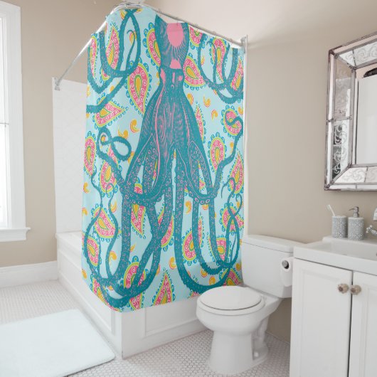 Antiker Oktopus auf Blue Paisley Duschvorhang (Beispiel)
