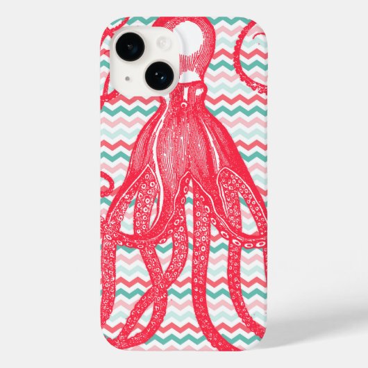Antiker Oktopus auf Korallen und Aqua Chevrons Case-Mate iPhone Hülle (Rückseite)