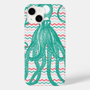Antiker Oktopus auf Korallen und Aqua Chevrons Case-Mate iPhone 14 Hülle