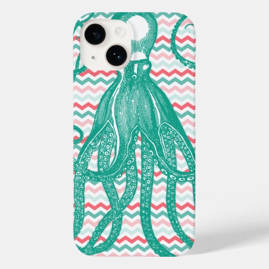 Antiker Oktopus auf Korallen und Aqua Chevrons Case-Mate iPhone Hülle (Rückseite)