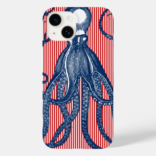 Antiker Oktopus auf roten weißen Streifen Case-Mate iPhone Hülle (Rückseite)