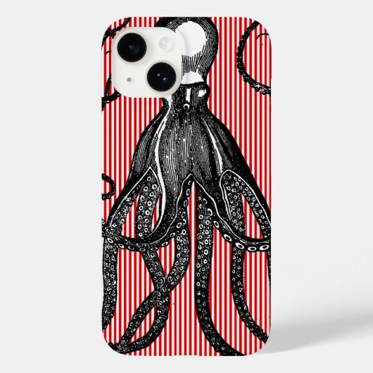 Antiker Oktopus auf roten weißen Streifen Case-Mate iPhone Hülle (Rückseite)