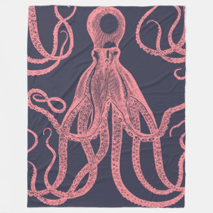 Antiker Oktopus rosa auf blau Fleecedecke