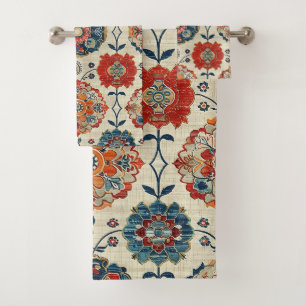 Antiker Persischer Roter Blau Oriental Kilim Flora Badhandtuch Set