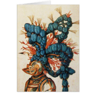 ANTIKER RITTERHELM MIT ROTEN BLAUEN FEDERN