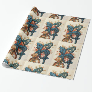 ANTIKER RITTERHELM MIT ROTEN BLAUEN FEDERN GESCHENKPAPIER