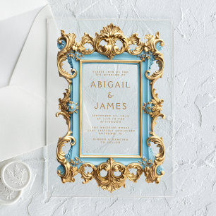 Antiker Rokoko-Rahmen Babyblau Gold Hochzeit Acryleinladungen