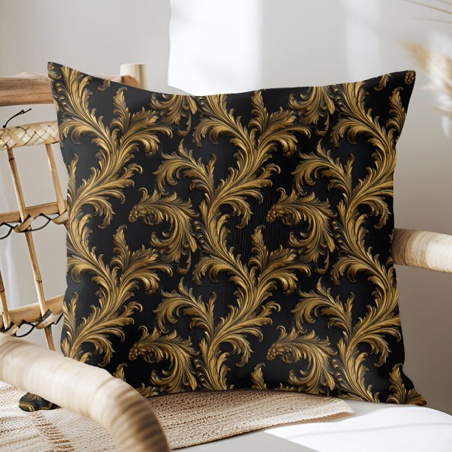Antiker Rokoko Schwarzes Gold Barock Kissen (Antique Rococo Black Gold Baroque Throw Pillow)