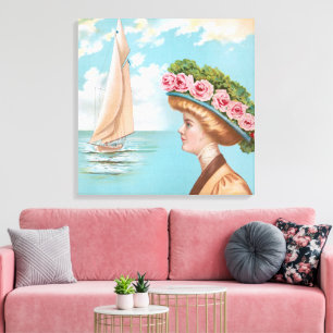 Antiker Rosa-Rosen-Hut einer Dame am Meer Segelboo Leinwanddruck