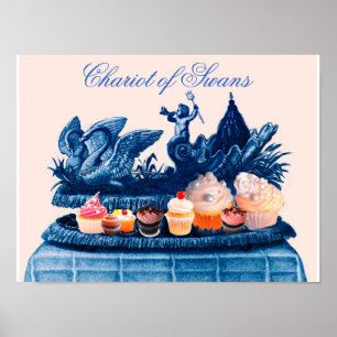 ANTIKER ROSAFARBENER SCHWANENWAGEN MIT CUPCAKES POSTER