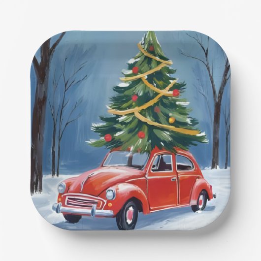 Antiker roter Auto-Weihnachtsbaum-Urlaub Pappteller (Vorderseite)