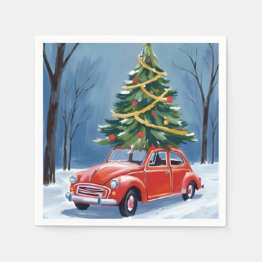 Antiker roter Auto-Weihnachtsbaum-Urlaub Serviette (Vorderseite)