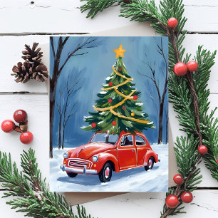 Antiker roter Weihnachtsbaum-Auto Feiertagskarte