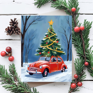 Antiker roter Weihnachtsbaum-Auto Feiertagspostkarte