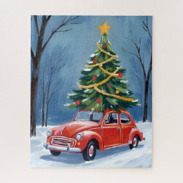 Antiker roter Weihnachtsbaum-Auto Puzzle