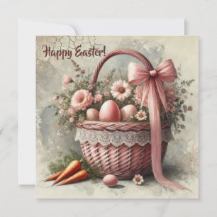 Antiker rustikaler Korb mit pastellfarbenen Eiern  Feiertagskarte