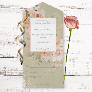 Antiker Rustikaler Rosa & Salbei Blumenrahmen Ohne All In One Einladung