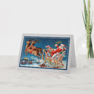 antiker Santa mit fliegendem Schlitten Feiertagskarte