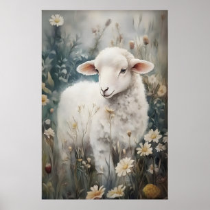 Antiker Schafsdruck, Lamm-Oster-Blumen-Farmhaus Poster