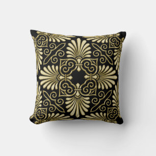 Antiker schwarzer Damast-Schwarz-Gold-Art-Deco-Fäc Kissen