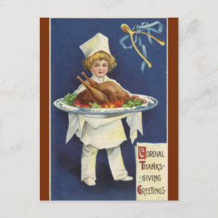 Antiker Server mit Teller des Thanksgiving-Dinners Postkarte