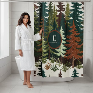Antiker Stickerei-Stil Wald Monogramm Duschvorhang