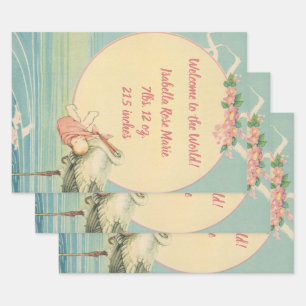 Antiker Storch mit Baby Mädchen in rosa Decke Geschenkpapier Set