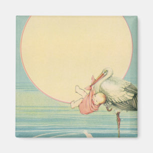 Antiker Storch mit Baby Mädchen in rosa Decke Magnet