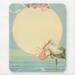Antiker Storch mit Baby Mädchen in rosa Decke Mousepad
