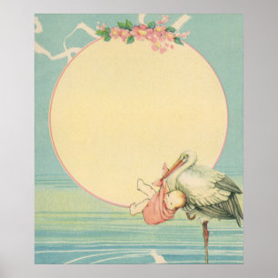 Antiker Storch mit Baby Mädchen in rosa Decke Poster