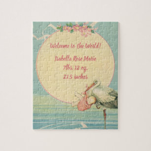 Antiker Storch mit Baby Mädchen in rosa Decke Puzzle