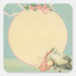 Antiker Storch mit Baby Mädchen in rosa Decke Quadratischer Aufkleber