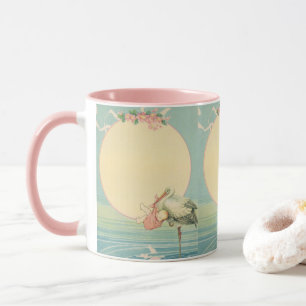 Antiker Storch mit Baby Mädchen in rosa Decke Tasse