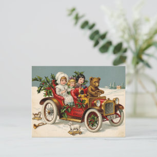 Antiker Teddybär-Automobil-Weihnachten Feiertagspostkarte