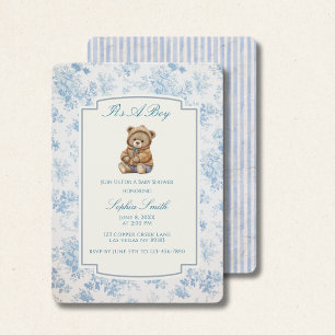 Antiker Teddybär, französische Toile-Blumenmuster Einladung