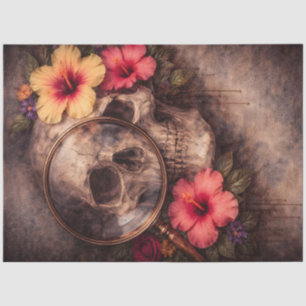 Antiker Totenkopf mit Lupe und Hibiskus Seidenpapier